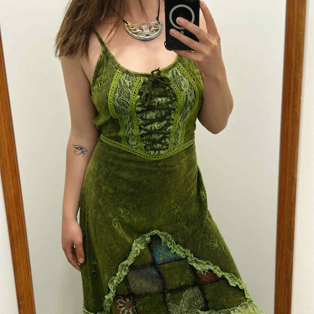 
                  
                    Load image into Gallery viewer, Person wearing a green lace dress with a plaid pattern taking a mirror selfie.
                  
                